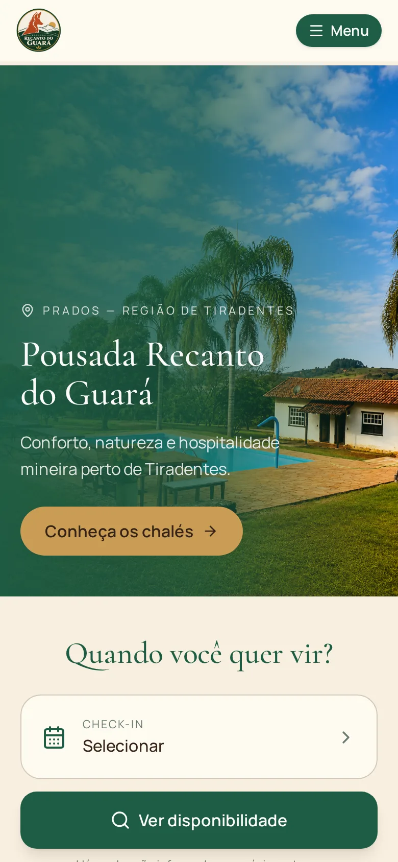 Versão para celular do site da Pousada Recanto do Guará